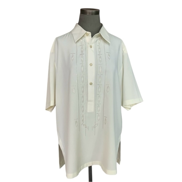 Mens Tee BURDA Short Sleeve Shirt Ivory Front Embroidered Button Front T-shirt - Picture 2 of 6